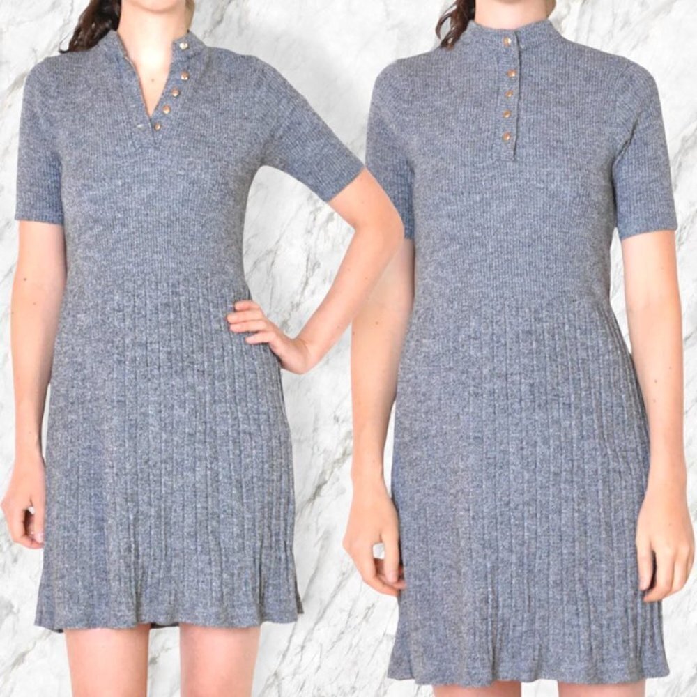 Vintage size 12 St Michael Gray Knit Ribbed Mini Sweater Dress l